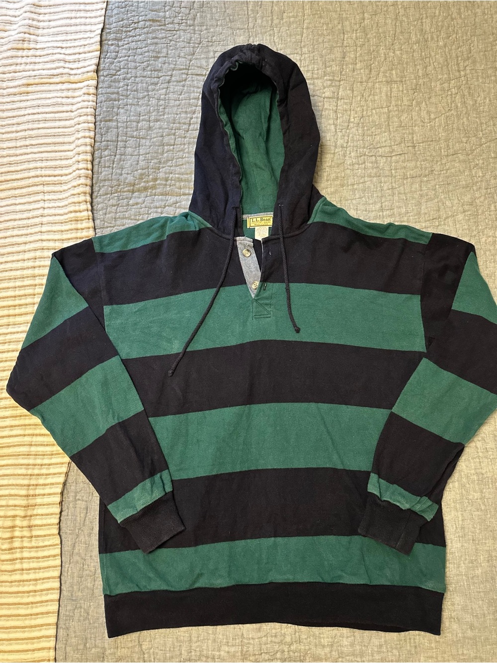 90s LL Bean Classic Striped Hooded Rugby Shirt - Green & Navy Unisex Large